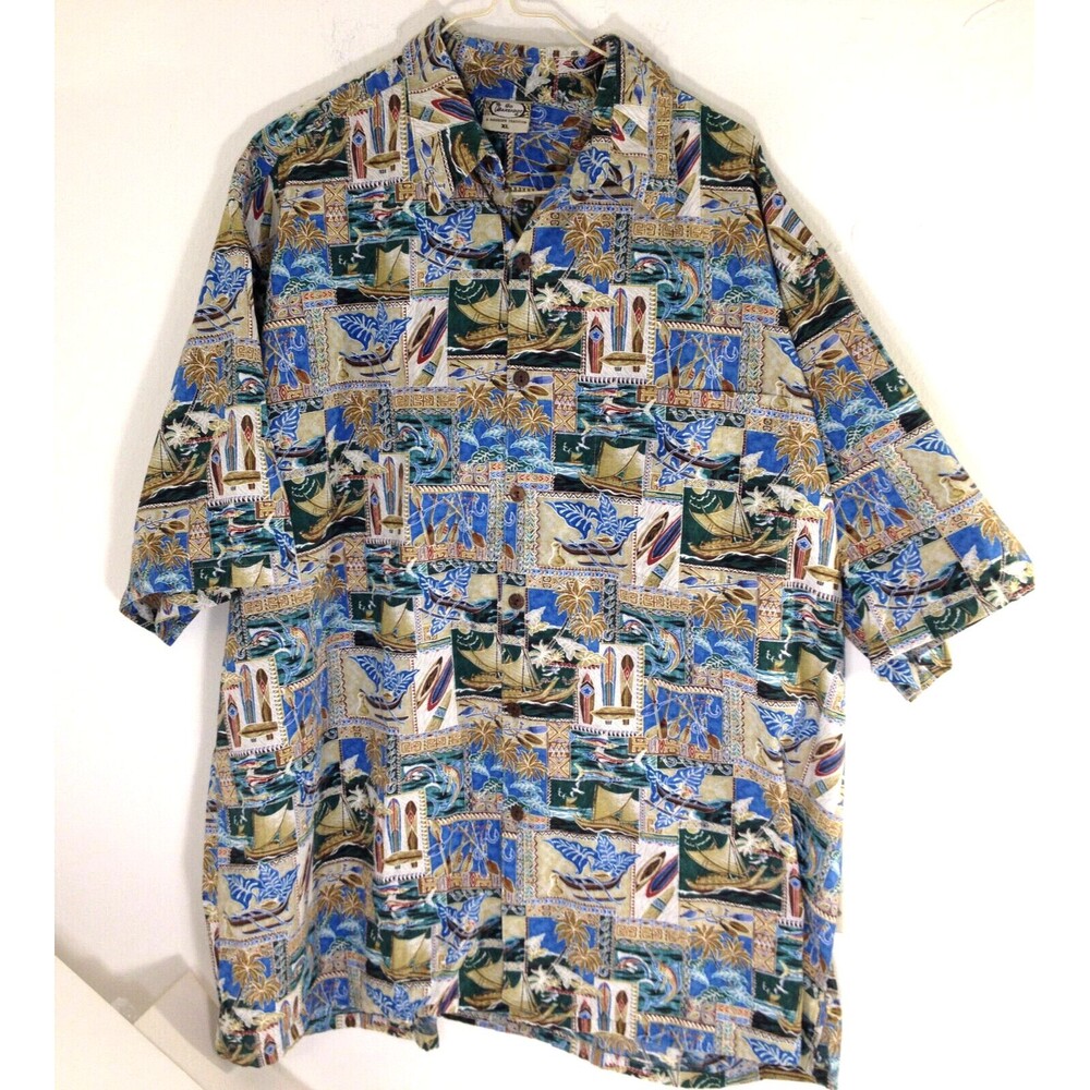 Men's Hawaiian Camp Shirt Go Barefoot Surfboards Sailboats Palms Sz XL USA Made